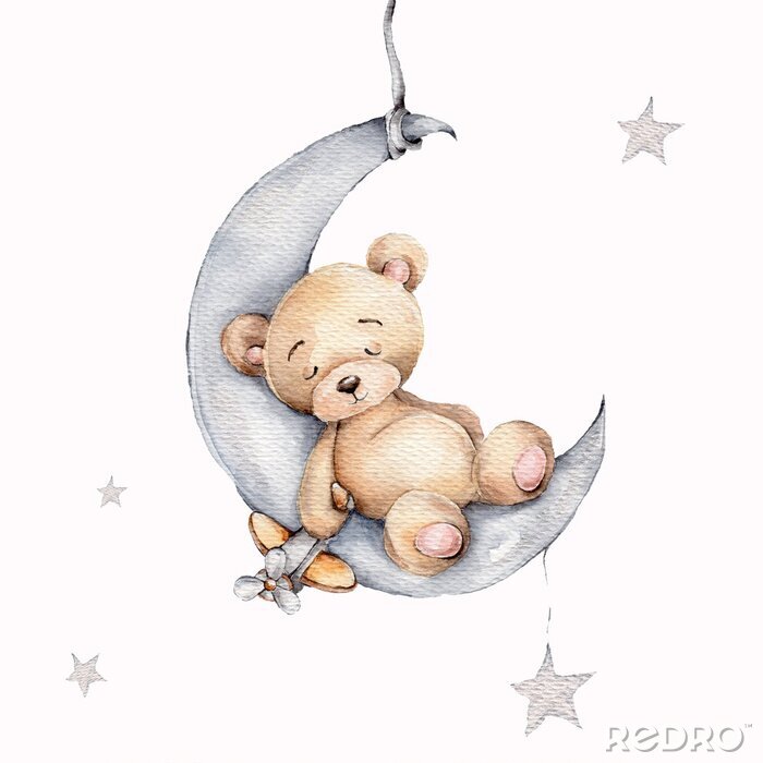 Sticker Cute sleeping teddy bear on the silver moon; watercolor hand draw illustration; with white isolated background