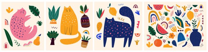 Sticker Cute spring pattern collection with cat. Decorative abstract horizontal banner with colorful doodles. Hand-drawn modern illustrations with cats, flowers, abstract elements