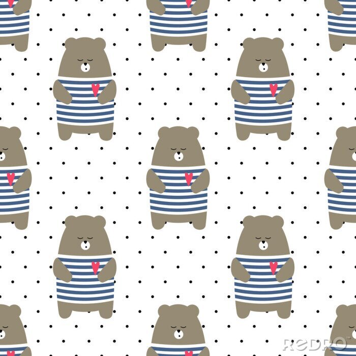 Sticker Cute tragen nahtlose Muster auf Polka Dots Hintergrund. Cartoon parisian Teddybär-Vektor-Illustration. Kind Zeichnung Stil Tier Hintergrund. Design für Stoff, Textil etc.