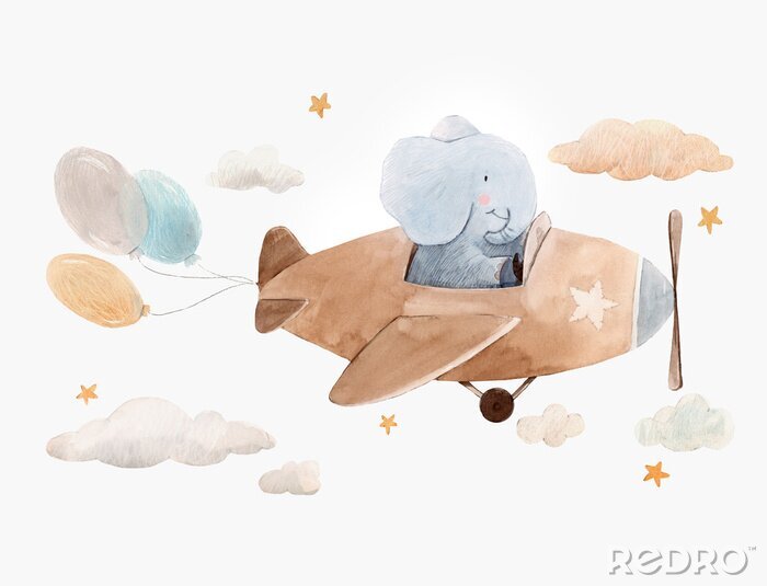 Sticker Cute watercolor artwork with baby elephant on the plane with air baloons, clouds and stars. Stock illustration.