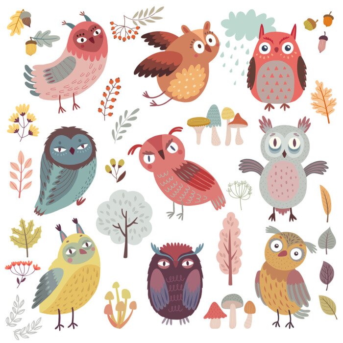 Sticker Cute Woodland owls. Funny characters with different mood. Vector illustration.