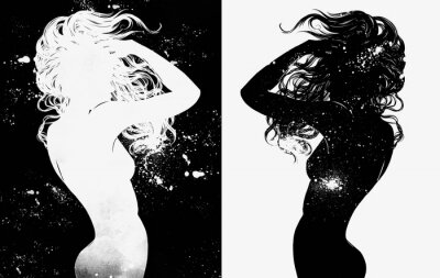 Sticker Dance alone in the universe. A young naked girl with long hair is dancing against stars and galaxies. Digital hand