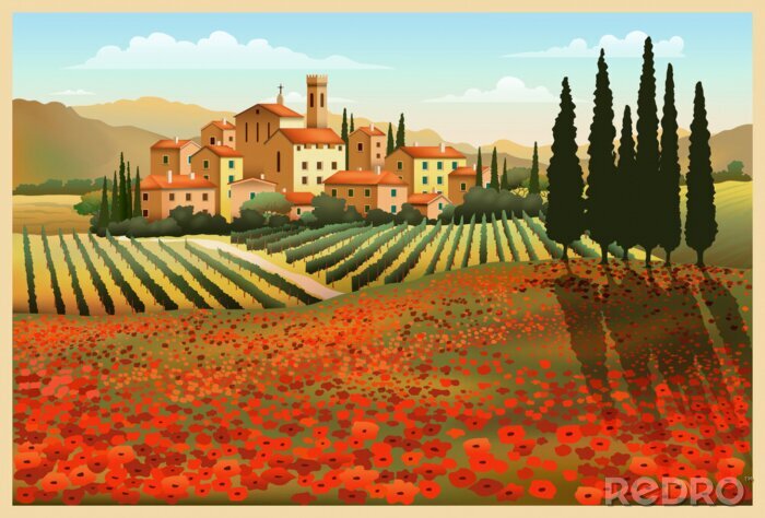 Sticker Darstellung des Sommers in der Toskana