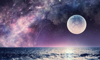 Fototapete Das Meer mit einem riesigen Mond und einem Sternenhimmel