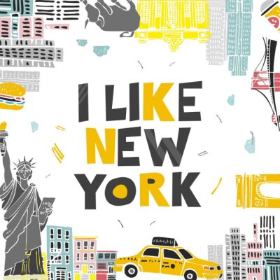 Sticker Decorative banner with symbols and attractions and the words I love New York. Postcard for tourists, travel guides, invitations. Poster for wall decoration in the room, classroom. Vector illustration.
