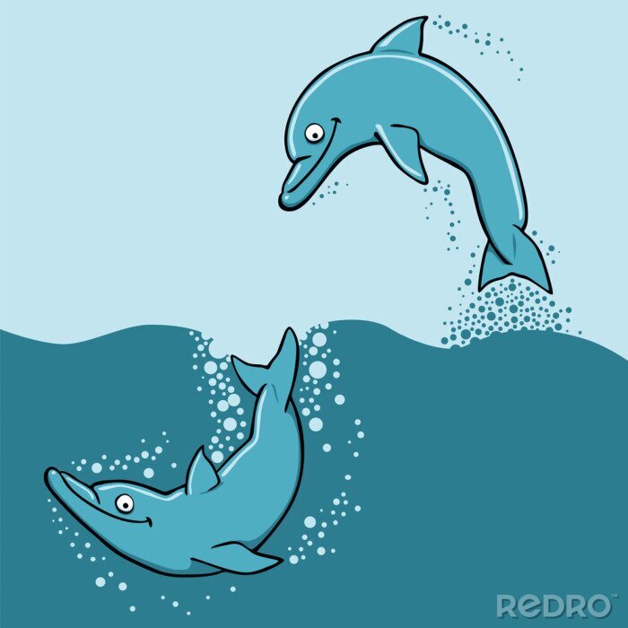 Sticker Delfine inmitten der Wellen auf einer blauen Grafik