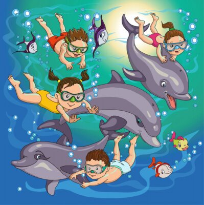 Sticker Delfine und Kinder unter Wasser