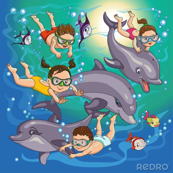 Sticker Delfine und Kinder unter Wasser