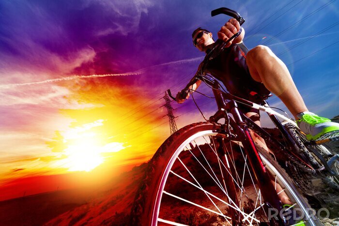 Sticker Deporte y Vida saludable. Bicicleta de montaña y puesta del Sol.