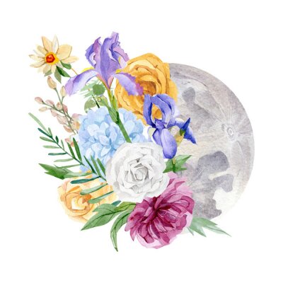 Sticker Der Mond und ein Blumenstrauß
