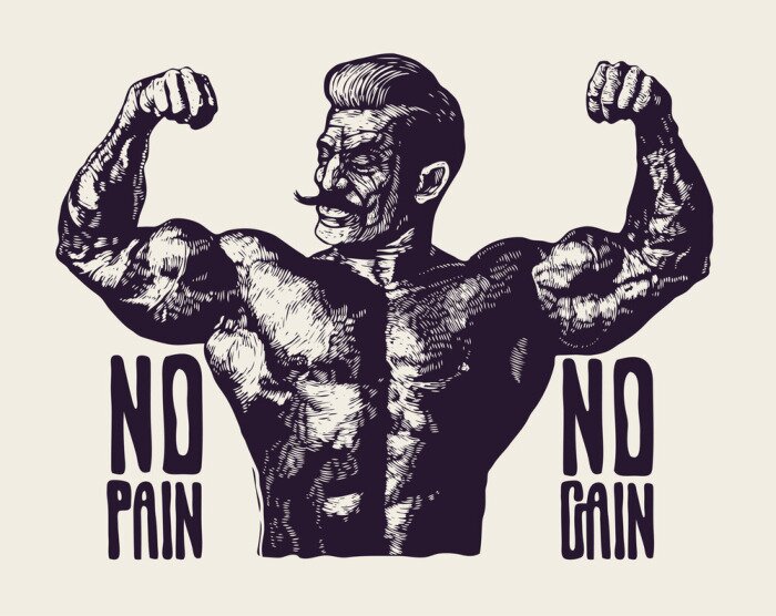 Sticker Design T-shirt or Poster No Pain No Gain! With Bodybuilder with a mustache. Retro Engraving Linocut Style. Vector Illustration. 