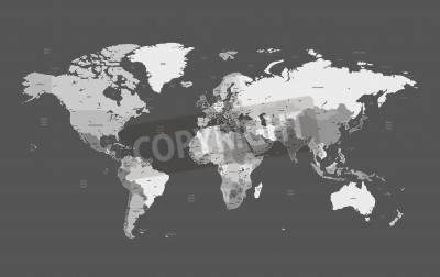 Sticker Detailed vector World map of gray colors. Names, town marks and national borders are in separate layers