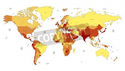 Sticker Detaillierte Vektor-Weltkarte von gelb, orange, rot. Namen, Stadt Marken und nationale Grenzen hinweg sind in separaten Ebenen.