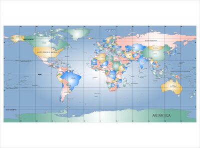 Sticker Detaillierte Weltkarte mit Namen der Länder, isoliert Vektor durch g
