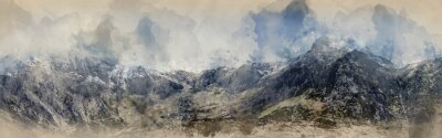 Sticker Digital watercolor painting of Stunning dramatic panoramic landscape image of snowcapped Glyders mountain range in Snowdonia