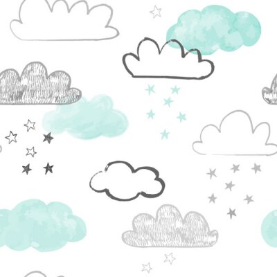 Tapete Doodle clouds pattern. Hand drawn vector seamless background with clouds and stars in grey and teal. Scandinavian style print. 