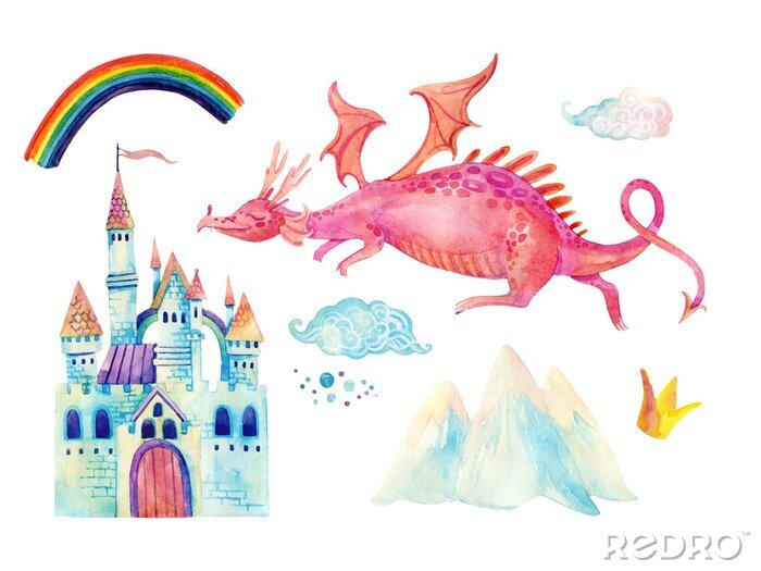 Sticker Drache, der zum Schloss fliegt, und ein Regenbogen
