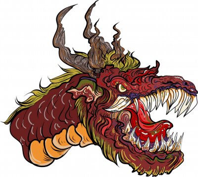 Sticker Dragon head isolate on white background.sticker dragon tattoo.Gold dragon on red background.