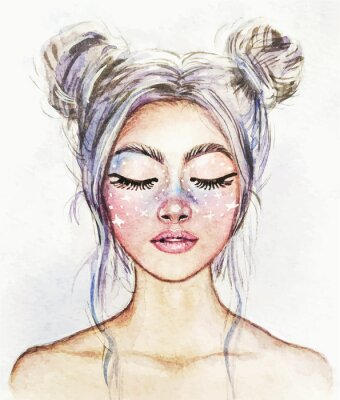 Sticker Drawing of a fantastic girl with a beautiful make-up. Snow Queen. Watercolor illustration.