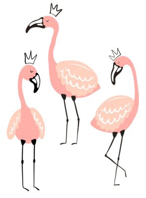 Drei pastellfarbene Flamingos mit Kronen