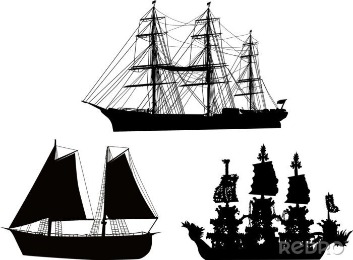Sticker drei schwarzen Schiffe Sammlung isoliert auf weißem
