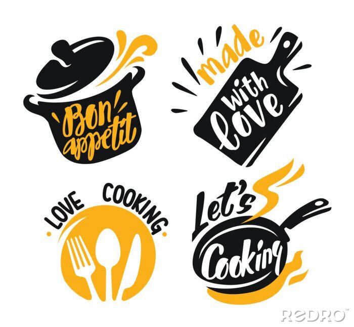 Sticker Dreifarbige kulinarische Grafiken mit Aufschriften
