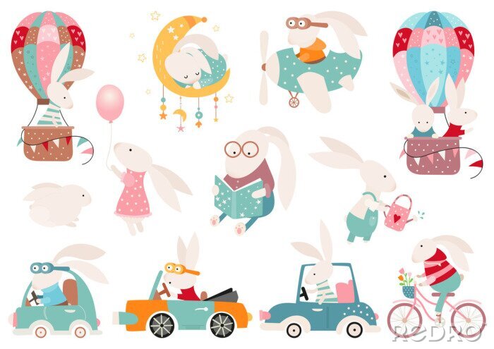 Sticker Easter bunny clipart set, Easter rabbit collection, isolated elements on white. Vector illustration.