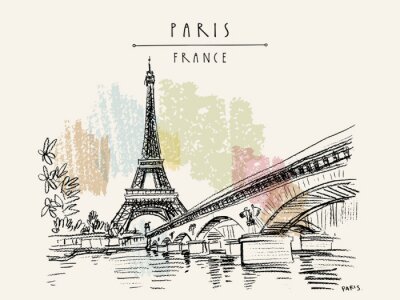Sticker Eiffel Tower in Paris, France. Vintage hand drawn touristic postcard