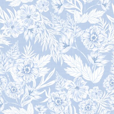 Tapete Ein blauer Garten mit verschiedenen Blumenarten