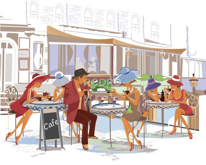 Sticker Ein Café in der Altstadt im Aquarellstil