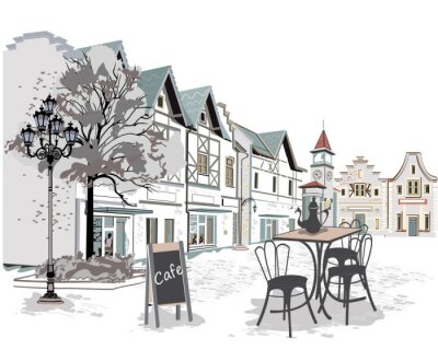 Fototapete Ein Café in der Altstadt im Aquarellstil