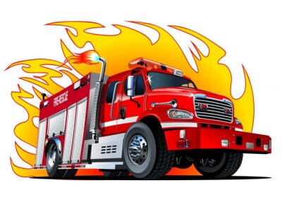 Sticker Ein Feuerwehrauto mit Flammen im Cartoon-Stil