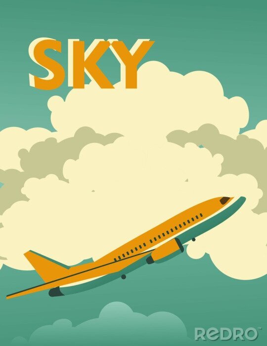 Sticker Ein Flugzeug vor den Wolken und das Wort Himmel in einem Vintage-Zeichenstil