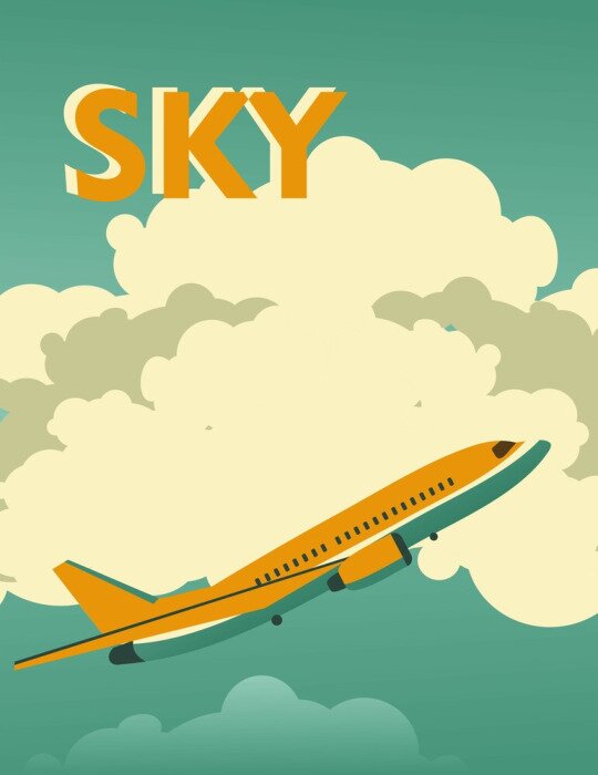 Sticker Ein Flugzeug vor den Wolken und das Wort Himmel in einem Vintage-Zeichenstil