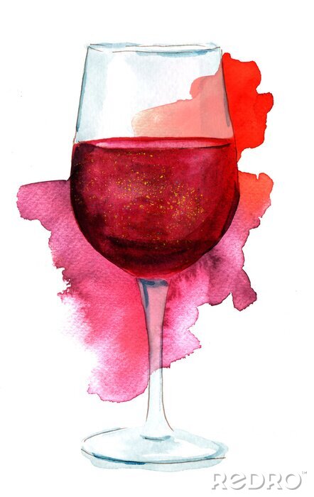 Sticker Ein Glas Rotwein mit Aquarellfarben gemalt
