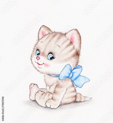 Poster Ein Kätzchen mit blauer Fliege im Cartoon-Stil