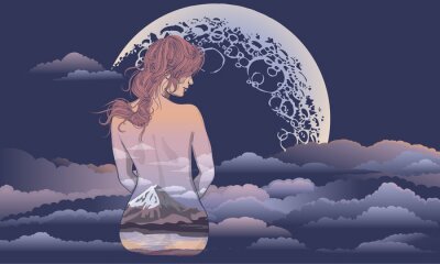 Sticker Ein romantisches Mädchen sitzt auf dem Hintergrund des Mondes. Body Art Mädchen, Körper mit Landschaft gemalt. Romantisches Mädchen auf dem Hintergrund des Mondes und des Sternhimmeltätowierungs- und 
