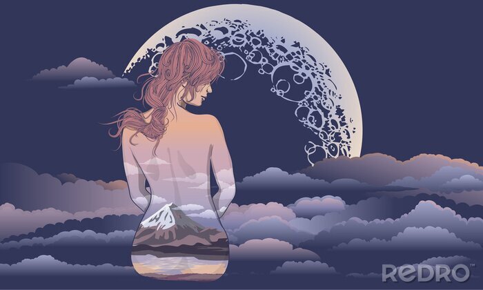 Sticker Ein romantisches Mädchen sitzt auf dem Hintergrund des Mondes. Body Art Mädchen, Körper mit Landschaft gemalt. Romantisches Mädchen auf dem Hintergrund des Mondes und des Sternhimmeltätowierungs- und 