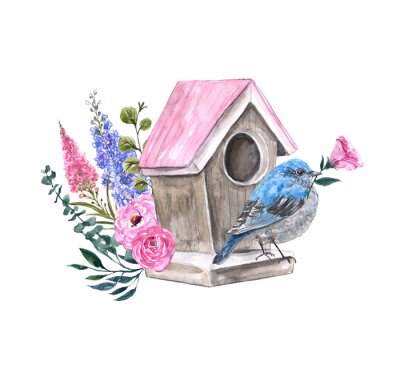 Sticker Ein rosafarbenes Vogelhäuschen