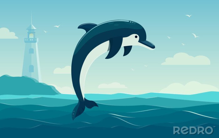 Sticker Ein springender Delphin, blauer Seehintergrund mit Wellen und Leuchtturm. Abbildung