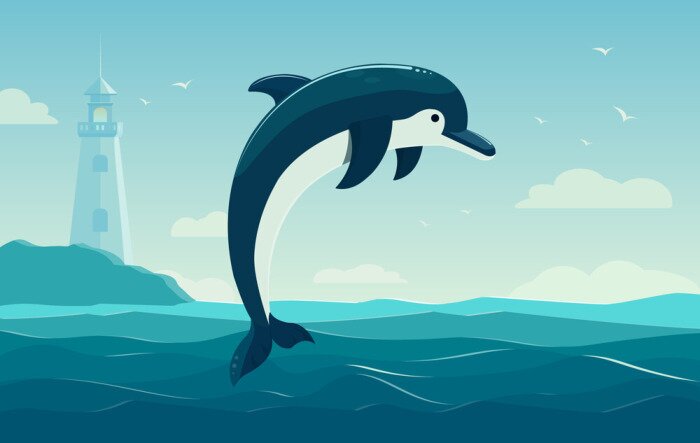 Sticker Ein springender Delphin, blauer Seehintergrund mit Wellen und Leuchtturm. Abbildung