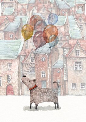 Eine Aquarell-Illustration eines kleinen Hundes hält eine Reihe von Ballons, zu Fuß in einer Altstadt auf dem Hintergrund erscheinen.