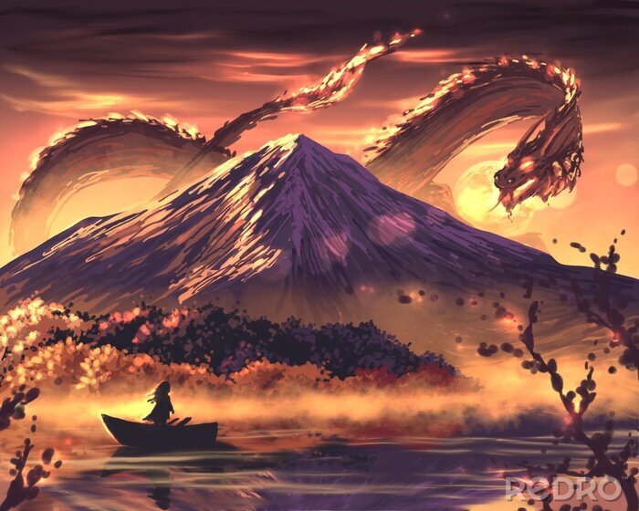 Sticker Eine Gestalt, die einen Drachen mit brennenden Augen beobachtet