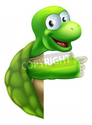 Sticker Eine Illustration eines niedlichen Cartoon-Schildkröte oder Schildkröte Charakter spähen Runde ein Zeichen und deutete auf sie