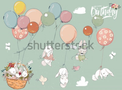 Sticker Eine kleine Sammlung von Hasen mit einem Ballon