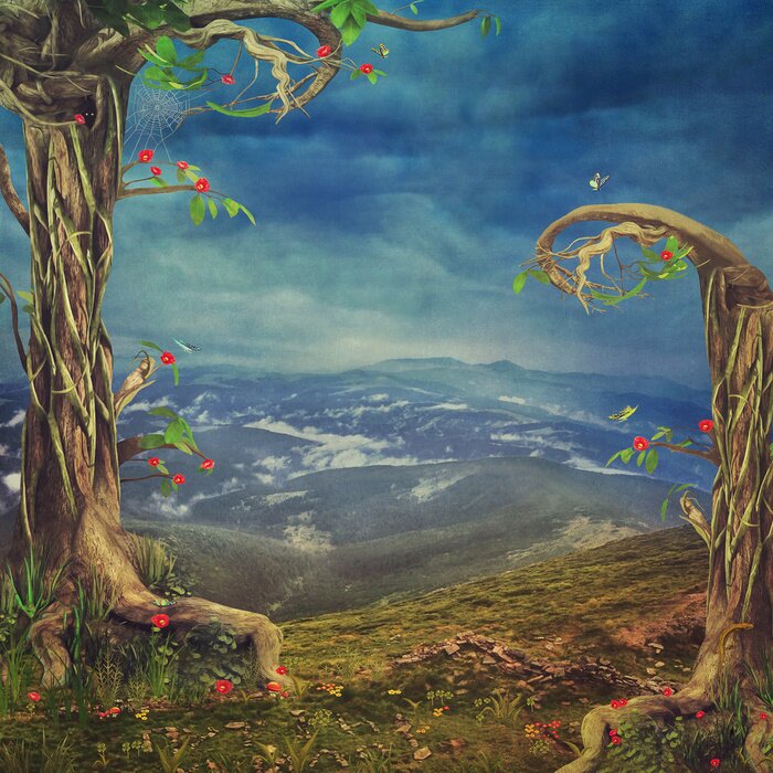 Sticker Eine schöne Waldszene mit Bäumen und Gras in den Bergen