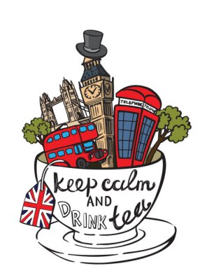 Poster Eine witzige Komposition mit britischen Symbolen und einer Tasse