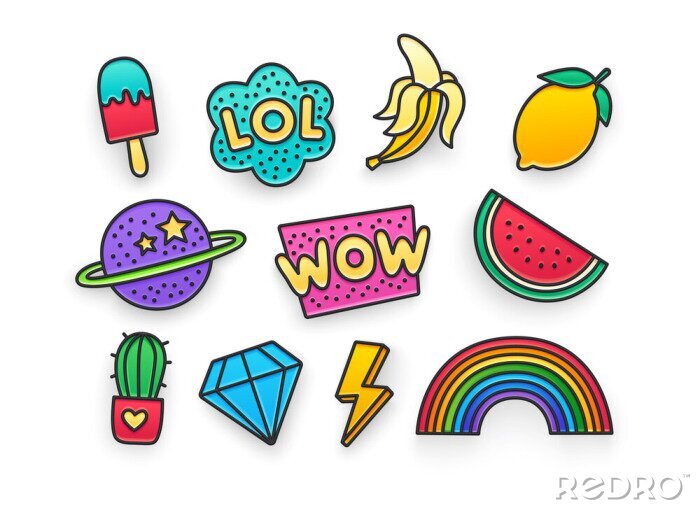Sticker Einfache bunte Symbole mit fröhlichem Charakter