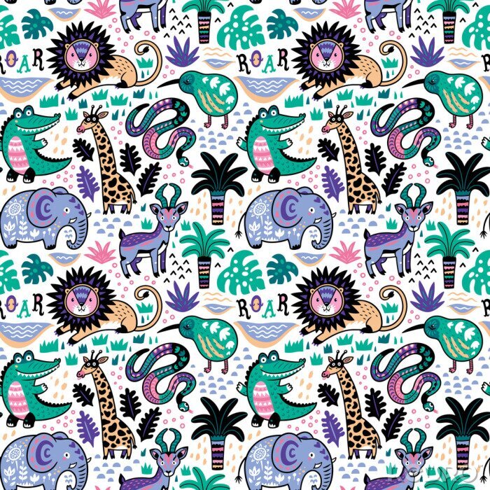 Sticker Elefanten, Krokodile, Giraffen und Palmen