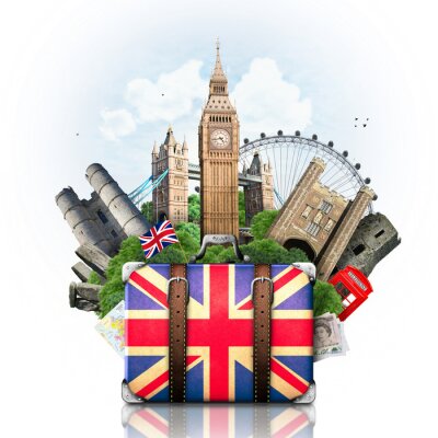 Sticker England, British landmarks, travel and retro suitcase